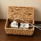 Cable Management Box, Small Cord Organizer Box for Power Strip | Handwoven Water Hyacinth Storage Basket with Metal Frame, Decorative Cable Organizer for Desk, Office, Living Room & Bedroom - Image 3