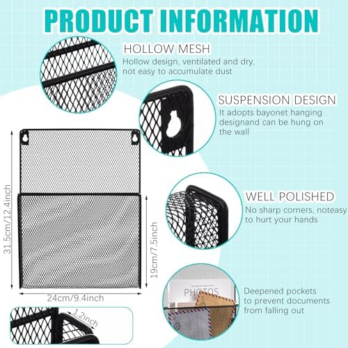 AmazingSpark 2 Pcs 12 Inch Metal Wall Magazine Holder High Pocket Mesh Hanging File Organizer Wall Mounted Storage Rack with Screws for Magazines Documents File for Office Home Organization(1.2 Inch) - Image 3