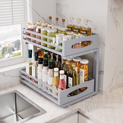 Under Sink Organizer, 2 Tier Under Sink Organizers and Storage, Adjustable Height, Slide out Metal Cabinet Organizers, Pull out Cabinet Storage Drawer Shelf for Kitchen Bathroom (Gray, 1 Pack) - Image 2