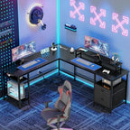 Furologee 66 Inch L Shaped Desk with 2 Drawers and Power Outlet, Black - Image 2