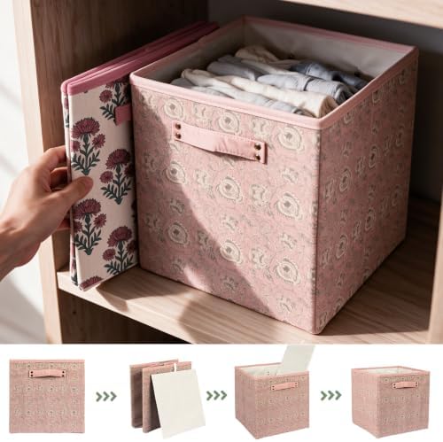 6 Pcs Pink Fabric Vintage Cube Storage Bins 11Inch Storage Basket with Handle, Linen Collapsible Fabric Box for Classroom Bedrooms Office Home Decoration (Pink and beige) - Image 4