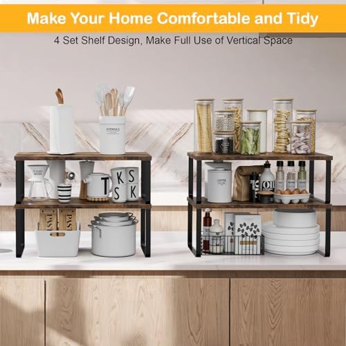 OGEMXU Cabinet Shelf Organizers, 15.7 inches Large Kitchen Counter Shelf, Set of 4 Wood Kitchen Pantry Organizer, Storage Shelves for Countertop, Spice Rack, Stackable, Expandable, Metal Black, Brown - Image 4