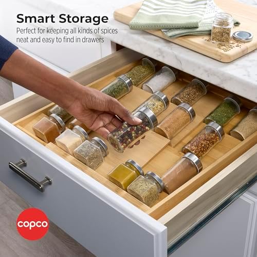 Copco Bamboo Expandable Spice Organizer Drawer and Counter Lazy Susan Turntable Style Tiered Rack - Adjustable 4-Tier Natural Wood Kitchen Spice Storage Organizer for Cabinet, Pantry, or Bathroom - Image 3