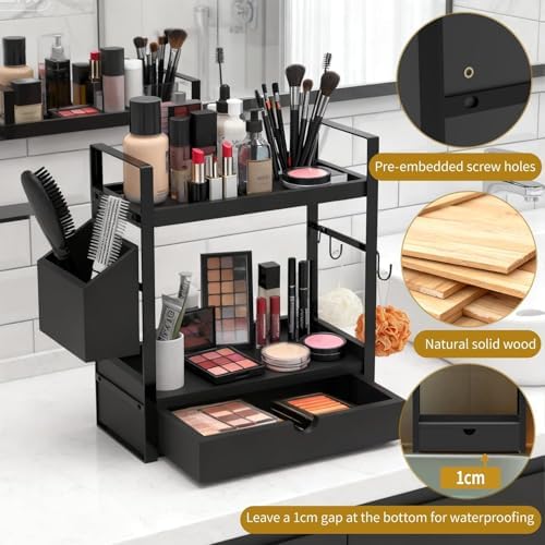 2-Tired Bathroom Counter Organizers and Storage, Coffee Bar Organizer with Drawer, Solid Wood Skincare Perfume Organizer for Vanity Kitchen Corner Shelf Office Countertop (Black) - Image 5