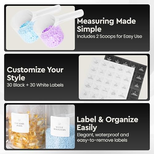 Laundry Pod Storage Container Set | Two 3L Glass Jars & One Acrylic Dryer Sheet Container with Bamboo Lids – Includes 2 Scoops, 60 Waterproof Laundry Labels – Dishwasher Safe - Image 3