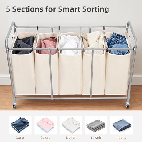 STORAGE MANIAC 5 Section Laundry Sorter, Laundry Hamper with Wheels, Beige - Image 5