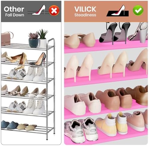 VILICK Shoe Rack for Closet Shoe Organizer Space Saver Storage for 20-25 Pair Shoe Shelf with Hook and Side Pocket Free Standing 5 Tier Shoe Rack Organizer for Entryway,Small Spaces, Pink - Image 6