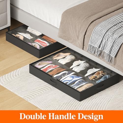 Lifewit Under Bed Shoe Storage Organizer 3 Pack(14 Shoes Cells), 4.3 Inches Profile Fabric Shoes Container Box with Clear Cover, Foldable Storage Bag with 2 Handles, Fits 21 to 42 Pairs - Image 5