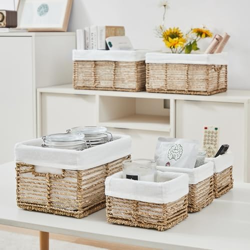 Vagusicc Wicker Storage Basket, 6 Pack Seagrass Baskets for Organizing, Wicker Baskets with Handle, Rectangular Woven Basket for Storage Shelves, Cube Storage Bins for Closet/Clothes/Dresser - Image 6