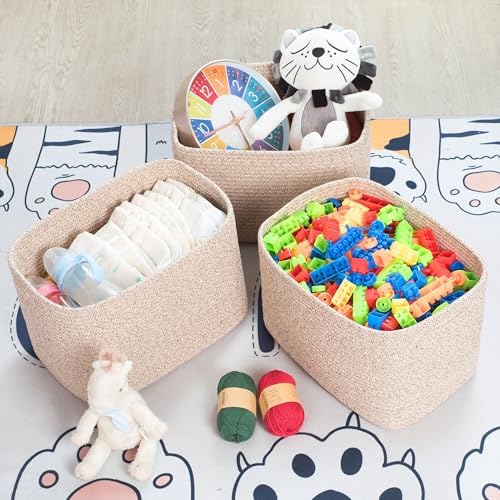 MINTWOOD Design 3-Pack Decorative Woven Storage Baskets for Shelves, Cube Bin Box for Organizing Books, Shoes, Dog Toys, Pantry Closet and Living Room Organizer, Oatmeal Brown - Image 5