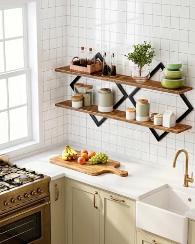 CHOEZON Floating Shelves, Set of 2 Wall Shelves, 2-Tier Hanging Shelves, Wall Shelf Set of 2, Wall Mounted Shelves, for Living Room, Bedroom, Kitchen, Office, Study, Rustic Brown TBJ01P2BF - Image 6