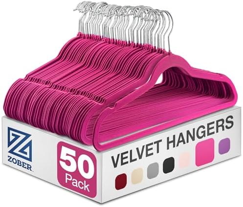 Zober Velvet Hangers 50 Pack - Heavy Duty Pink Hangers for Coats, Pants & Dress Clothes - Non Slip Clothes Hanger Set - Space Saving Felt Hangers for Clothing by ZOBER