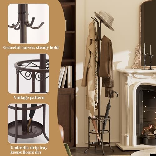 Coat Rack Freestanding With Umbrella Holder – Metal Hall Tree with 12 Hooks, Entryway Organizer for Hats, Bags, and Clothes (Brown) - Image 7