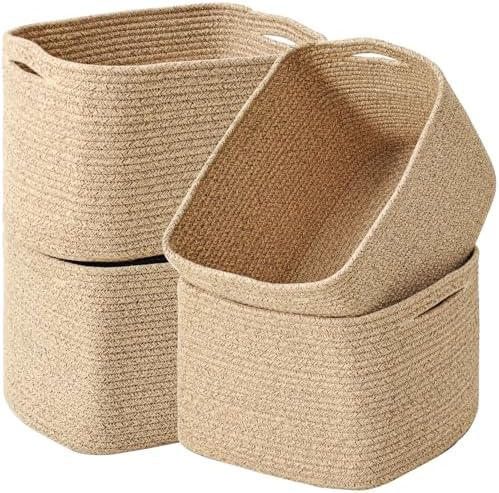ICERZCZ Storage Baskets for Organizing & Shelves, Woven Cotton Rope Organization Bins for Dog Toys, Clothes, Books, Nursery Organizer, 15"Lx11''Wx9.5''H, (4 Packs) Brown by ICERZCZ