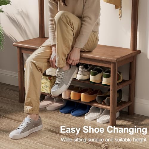AQIMUELE Coat Rack with Shoe Storage, Wooden Hall Tree with Bench, 11 Hooks and 2-Tier Storage Shelves, 3-in-1, Entryway Bench with Coat Rack (31.5"-Walnut) - Image 6