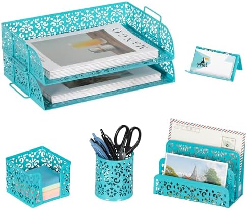 EasyPAG Desk Organizers and Accessories 5 Pieces Office Supplies Set - 2 Tier Paper Tray, Pencil Organizer for Desk, Mail Sorter Countertop, Business Card Holder and Sticky Note Holder, Dark Teal by EasyPAG