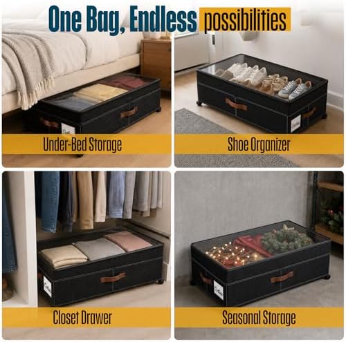 Under Bed Storage Organizer with Wheels, Rolling Under Bed Storage Containers with Clear Lid, Dual Zippers, Handles, Storage for Clothes, Shoes, Blankets, Toys,2-pcs Under Bed Drawers-Black - Image 7
