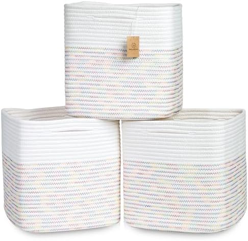 NaturalCozy 13 Inch Cube Storage Bins Cotton Rope Woven Baskets for Organizing 3-Pack | 13 x 13 Storage Cubes | Fabric Square Storage Baskets for Shelves Organizer, Kids Toy Bins, Closet Baby Nursery by NaturalCozy