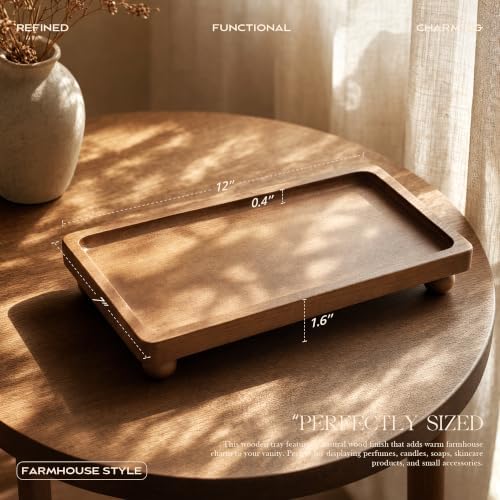 Pine Wood Farmhouse Bathroom Tray for Kitchen Counter, Vanity, Sink, Brown - Image 2