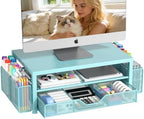 OPNICE Desk Organizers and Accessories, Computer Monitor Stand Riser with Drawer and 2 Pen Holders, Printer & Laptop Stand, Office Desk Accessories & Workspace Organizers for Home Office Supplies, Soft Blue by OPNICE