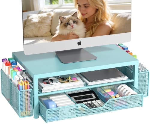OPNICE Desk Organizers and Accessories, Computer Monitor Stand Riser with Drawer and 2 Pen Holders, Printer & Laptop Stand, Office Desk Accessories & Workspace Organizers for Home Office Supplies, Soft Blue by OPNICE