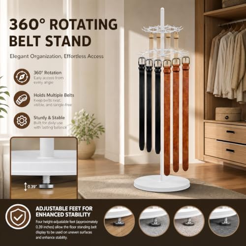 Floor Standing Belt Display, Tie Rack Floor Mounted Belt Hanger Belt Display Shelf Purse Hanger Stand Scarf Stand Adjustable Feet for Home, Boutiques, Clothing Stores, Retail Stores (White) - Image 5