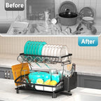 2 Tier Dish Drying Rack for Kitchen Counter, Large Capacity, Black - Image 6