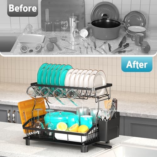 2 Tier Dish Drying Rack for Kitchen Counter, Large Capacity, Black - Image 6