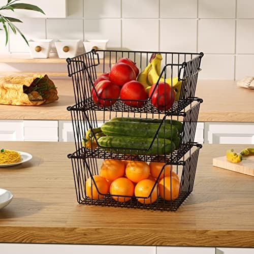 Slideep Wire Storage Baskets, Freezer Baskets Farmhouse Stackable Organizer Storage Bins Large Organizer for Storage, Office, Bathroom, Pantry Organization Storage with Handles 14" Black -Set of 3 - Image 4
