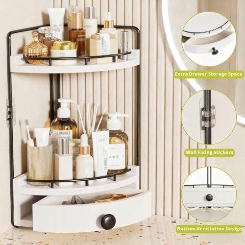2-Tier Corner Bathroom Counter Organizer with Drawer, White - Image 5