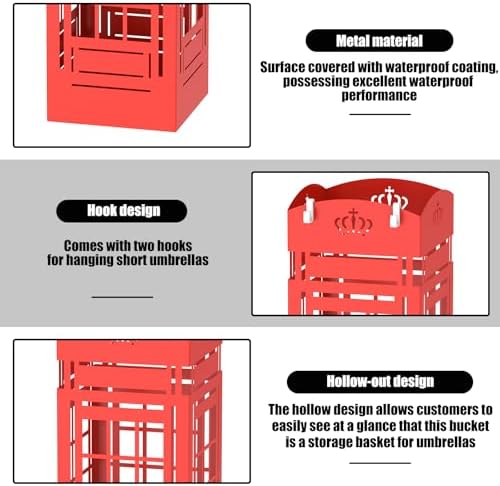 Square Metal Umbrella Holder, Square Free Standing Umbrella Rack Decorative Umbrella Holder Hollow Cutout Pattern Design for Umbrella Cane Entryway Home Office 19.49" X 6.1" X 6.1"(Red hollowed out) - Image 5