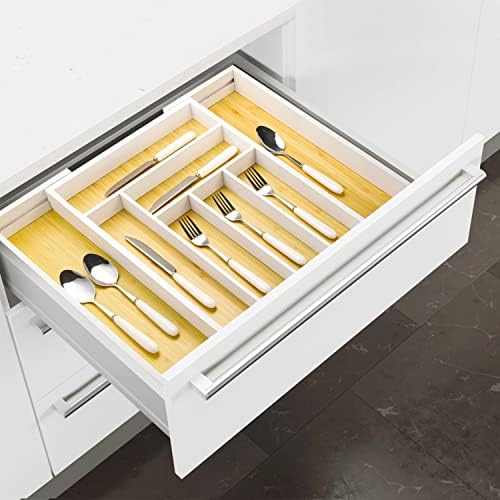 Bamboo drawer organizer, utensil holder, silverware organizer, and adjustable cutlery tray with drawer dividers, for kitchen, office desk, and bathroom storage (White) - Image 3