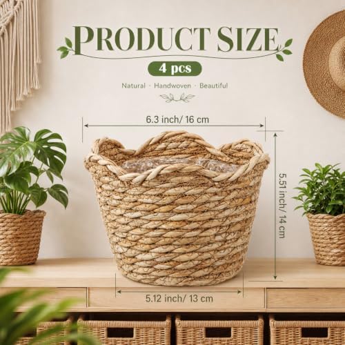 4 Pack Seagrass Woven Plant Basket with Waterproof Plastic Liner, Wicker Straw Storage Basket for Indoor Outdoor Plants, Laundry Organizer (6.3" x 5.51" x 5.12") - Image 2