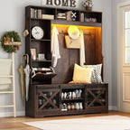 75''H 59''W Large LED Farmhouse Hall Tree with Bench and Shoe Storage,Entryway Bench with Coat Rack,16 Shoe Cubbies & Umbrella Holder and Sock Storage Drawer,Mudroom/Hallway Storages Cabinet(Brown) by chartustriable