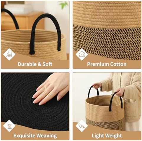 Laundry Basket Hamper Tall Rope Storage Woven for Blanket toys Dirty Clothes in Living Room Bathroom Bedroom (Jute Brown & Black, 100L/26.4Gal) - Image 3