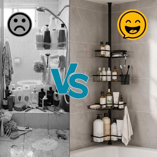 Shower Corner Caddy Organizer for Bathroom, 4-Tier Adjustable Shelves with Tension Pole, No Drilling Shower Rack with Holders for Toothbrush, Soap and Razor, 34 to 125 Inch Height - Image 7