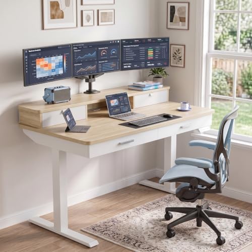 HUANUO 55 x 30 inch Electric Standing Desk with 2 Wood Drawers, Adjustable Height Sit Stand Desk for Home Office, Ergonomic Stand up Desk with 4 Memory Presets, 176 lbs Capacity, Natural Top - Image 2