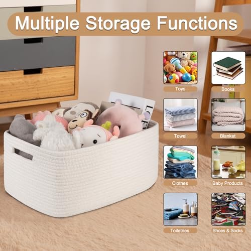 OIASKET Large Storage Basket for Organizing, Woven Rope Basket for Shelves, Closet Organizer Bins for Clothes, Blanket, Toys, Baby Nursery Storage, 17.7" x 13" x 7.87", 2 Packs White - Image 3
