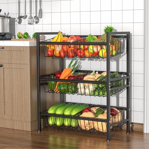 Hastatii Kitchen Storage Basket Shelf, Snack Shelf, Vegetable Shelf, 3 Tier, Black - Image 2