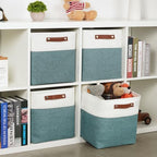 DULLEMELO Set Of 4 Cube Storage Bins, Fabric Storage Basket for Shelves Closet Nursery Toy Storage, 12 inch Fabric Storage Cubes Bins Canvas Organization Baskets (White&Deep Green) - Image 3