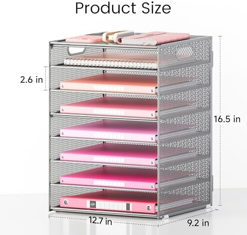 Lavatino 8-Tier Office Desk File Organizer, Letter Tray Paper Organizer with Handle, Including 5 Adjustable Slide Trays for Organizing Desktop Workspace Accessories and Supplies (Silver Metal Mesh) - Image 3