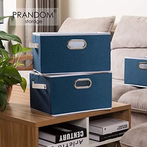 PRANDOM Fodable Storage Baskets for Closet [5-pack] Decorative Fabric Storage Bins Cubes with Leather/Metal Handles for Shelves Bedroom Living Room Royal Blue (11.5x8.5x6.7 Inch) - Image 2