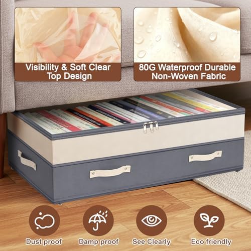 Dolicer 4 Pack Under Bed Storage with Wheels, 6in-10in Height Adjustable Underbed Storage Containers, 92L XXXL Under Bed Drawers Rolling Bin with Clear Lids for Dorm Shoes Clothes Organizer(Dark Grey) - Image 5