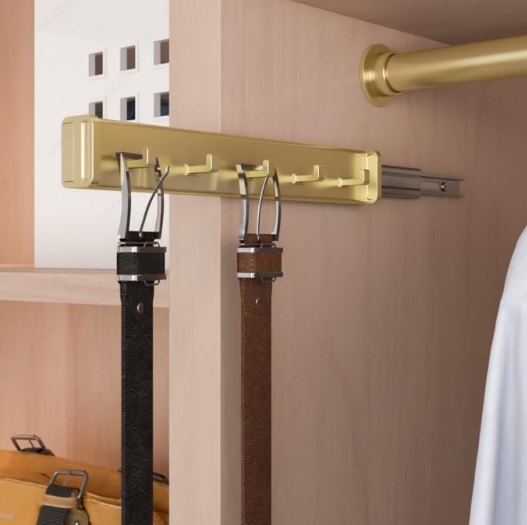 5-Hook Designer Wardrobe Reversible 11.75" Length Closet Belt Rack with 11" Retractable Pullout Extension and Installation Hardware (Matte Brass) by HardwareforHomeBusiness