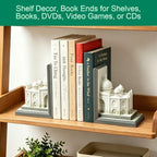 Book Ends for Shelves, Heavy Duty Decorative Bookends, Non-Skid Castle Design Book Holder for Heavy Books/CDs, Modern Aesthetic Resin Shelf Decor, Book Stopper for Home Office, Set of 2, White - Image 3
