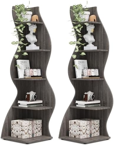 Tribesigns Corner Shelf, Modern 5-Tier Wall Corner Bookshelf, Stylish Corner Small Bookcase Storage Rack Plant Stand with Unique Shape for Living Room, Home Office(Gray, 2PCS) by Tribesigns