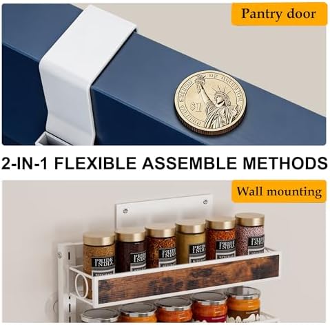 8 Tier Over The Door Pantry Orangizer 2 IN 1 Wall Mounted or Hanging Spice Rack with Adjustable Wood Basket,Heavy Duty Seasoning Storage Shelf for Kitchen Pantry and Bathroom - Image 6
