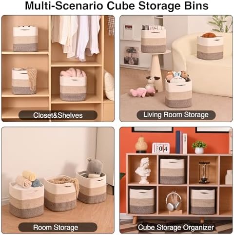 ICERZCZ 13 Inch Cube Closet Storage Bins, Woven Cotton Rope Organizer Baskets for Organizing & Shelves, Books, Towels, Clothes, Toys, 13x13x13 in, Gradient Brown (Pack of 3) - Image 6
