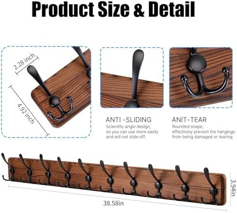 Gohiuo Rustic 38.6" Large Coat Rack Wall Mount, Long Wood Coat Hooks with 10 Triple Hooks, Heavy Duty Wooden Coat Hanger Wall Mount for Entryway, Farmhouse Hanging Jackets, Coats, Hats, Bags,Towel - Image 2