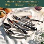 49 Pieces Black Silverware Set with Bamboo Organizer,Wave Hammered - Image 4